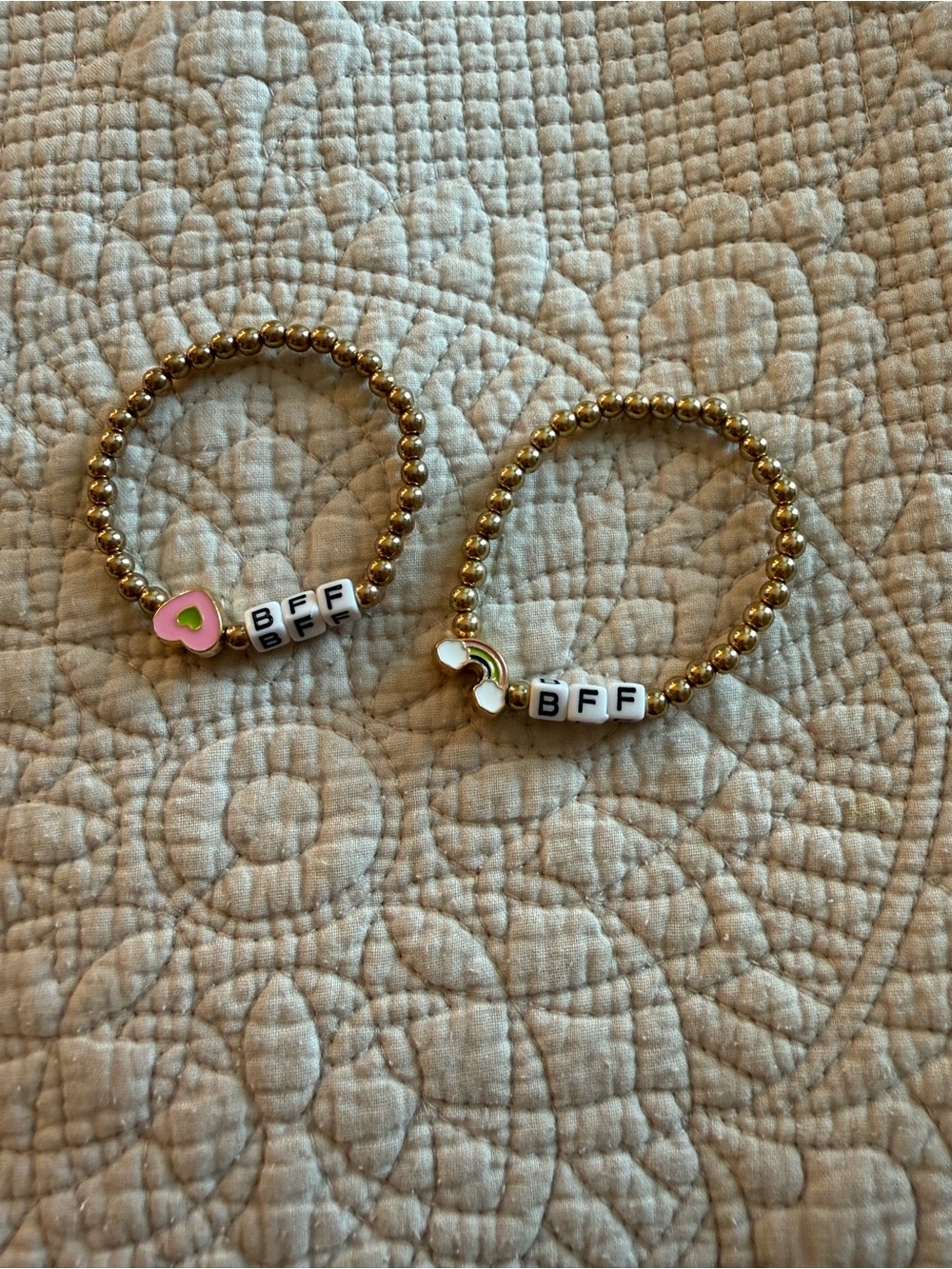 BFF Gold Beaded Kids Friendship Bracelets - Pink Heart & Rainbow Charms